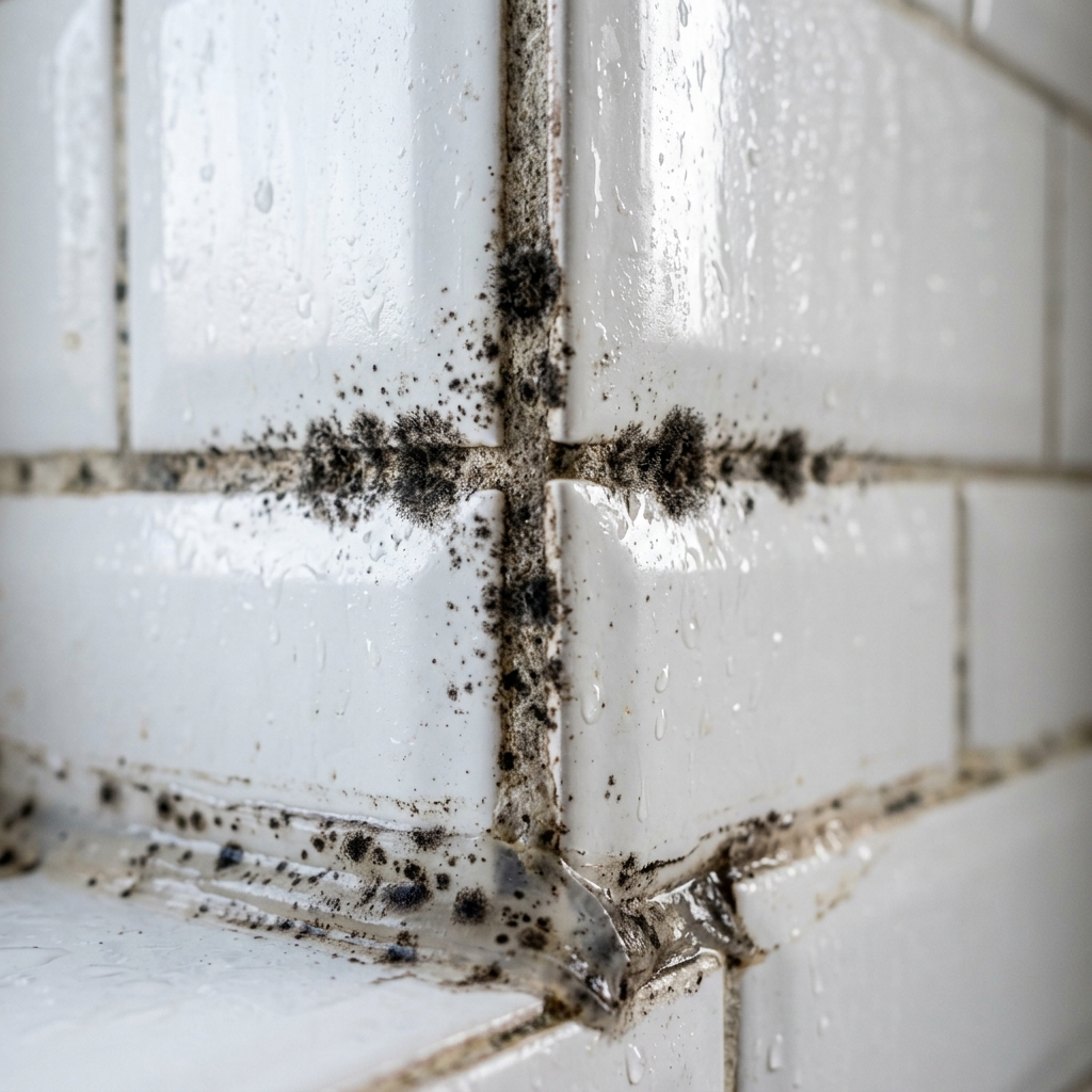 Visible mould or dark staining in grout