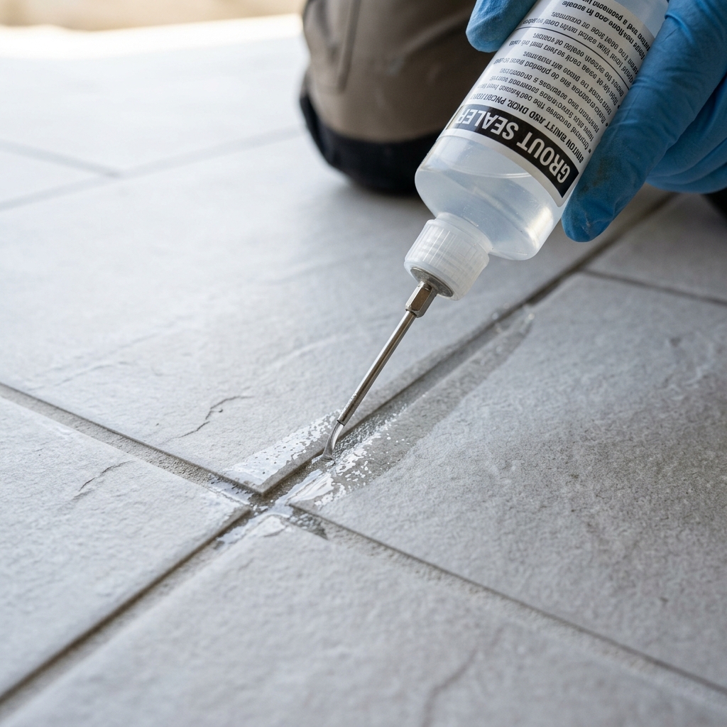 Grout resealing treatment restoring protection to worn cement-based grout lines