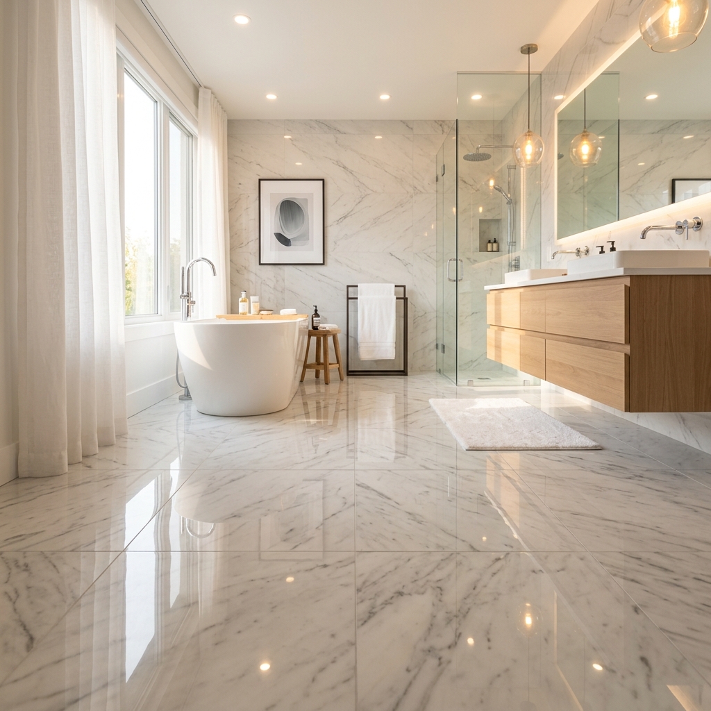 Topical surface sealer applied to natural stone tile creating a semi-gloss protective coating